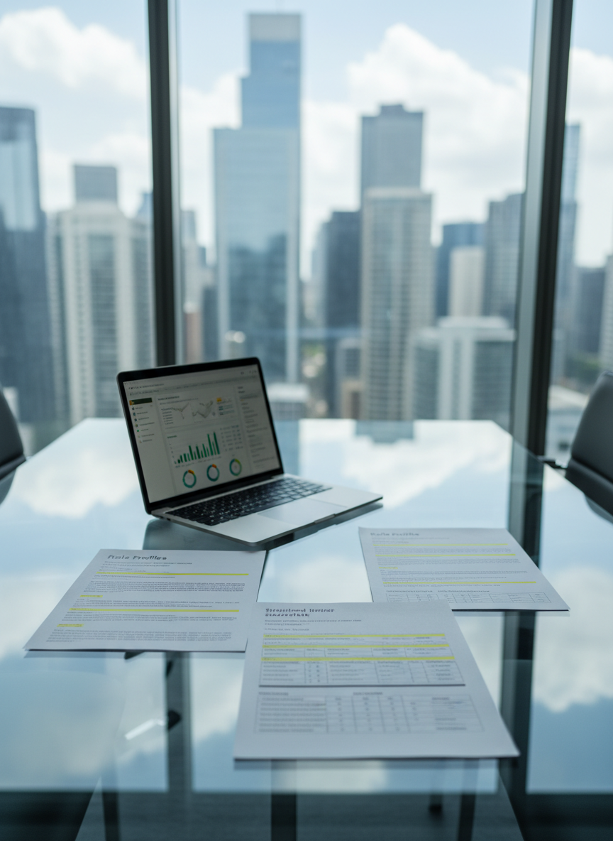 A sleek glass-topped boardroom table is the central focus, covered with neatly arranged recruitment materials: a silver laptop displaying a dashboard of analytics, printed role profiles with highlighted sections, and a structured interview scorecard on thick white cardstock. Behind the table, a floor-to-ceiling window reveals a soft-focus modern city skyline. Cool daylight pours in, creating crisp reflections on the glass surface and subtle shadows from the documents. Photographic realism with a clean, modern aesthetic, shot at eye level with a shallow depth of field so the table and materials are in sharp focus while the skyline gently blurs, conveying a professional, strategic, and high-caliber consulting atmosphere.